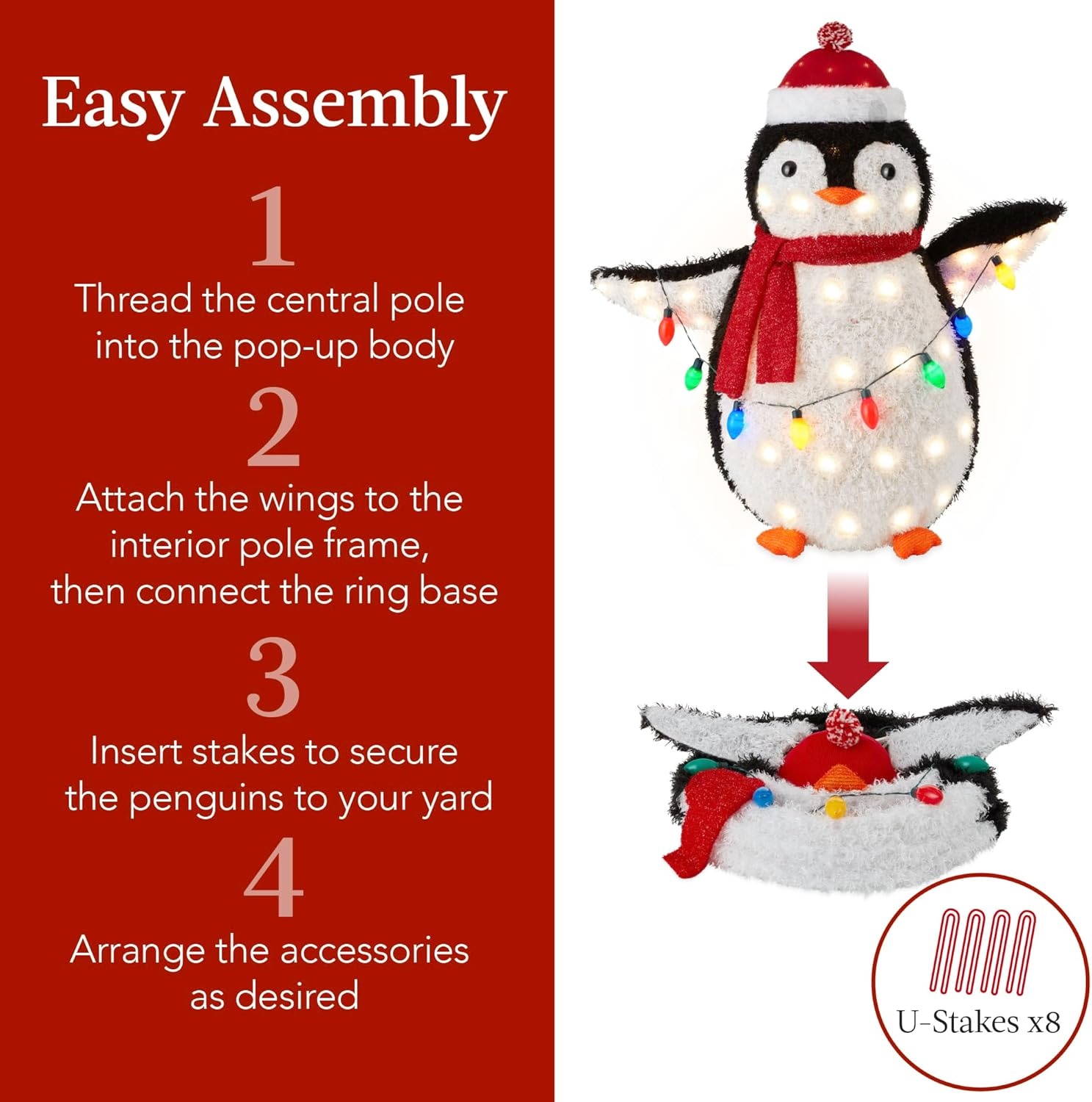 image:imageBest Choice Products 5Ft Lighted Penguin Family 210 LED Lights XL Pop Up Outdoor Christmas Yard Decoration with Storage Bag 2Piece Large Black White Red OrangeRed