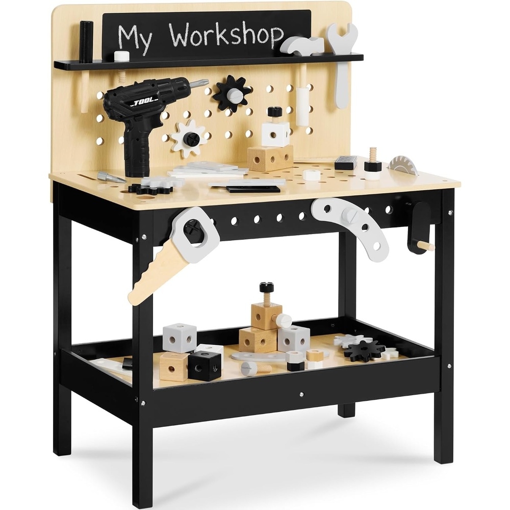 image:imageBest Choice Products Wooden Kids Workbench with BatteryPowered Drill amp Tool Set Construction Toy for Toddlers Ages 35 Pretend Play Workshop with Chalkboard Storage Pegboard amp Accessories