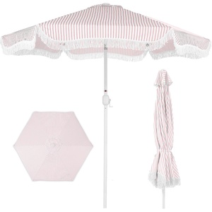 image:imageBest Choice Products 75ft Fringe Market Patio Umbrella  Outdoor Boho Tassel Sunshade for Table Pool Deck Backyard  UPF50 Easy Tilt Heavy Duty Steel Pole amp Ribs  WhitePink Pinstripe